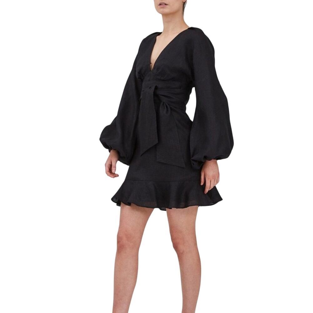 Keepsake Black Linen Balloon Sleeve Wrap Mini Dress M Cocktail Party Nwt